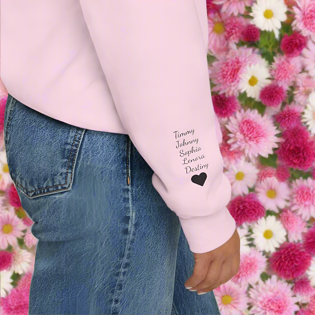 Close-up of the customizable text on the Personalized Mama Established Sweatshirt with soft fabric texture.