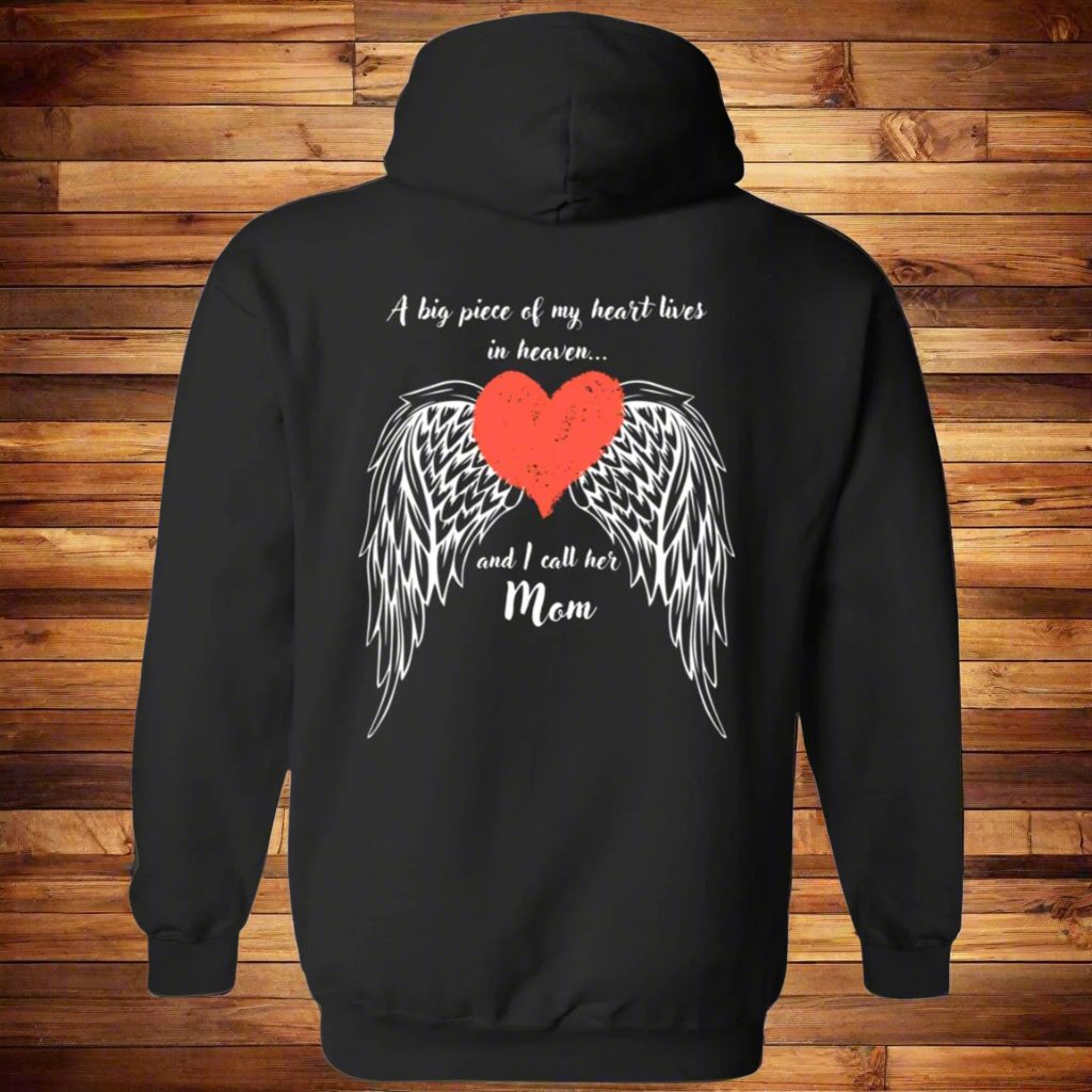 Pullover hoodie with 'A Big Piece of My Heart' and wing graphics, symbolizing love and remembrance in a cozy design