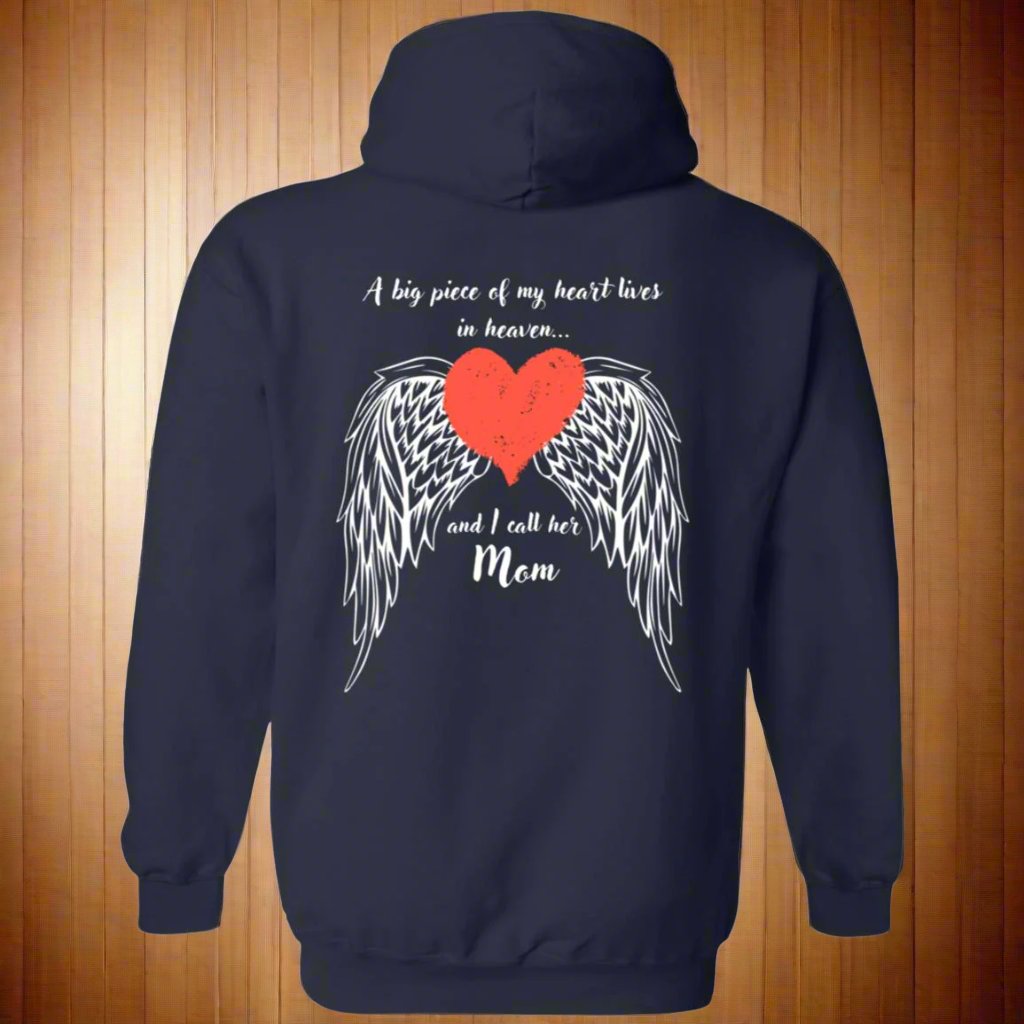 Pullover hoodie with 'A Big Piece of My Heart' and wing graphics, symbolizing love and remembrance in a cozy design