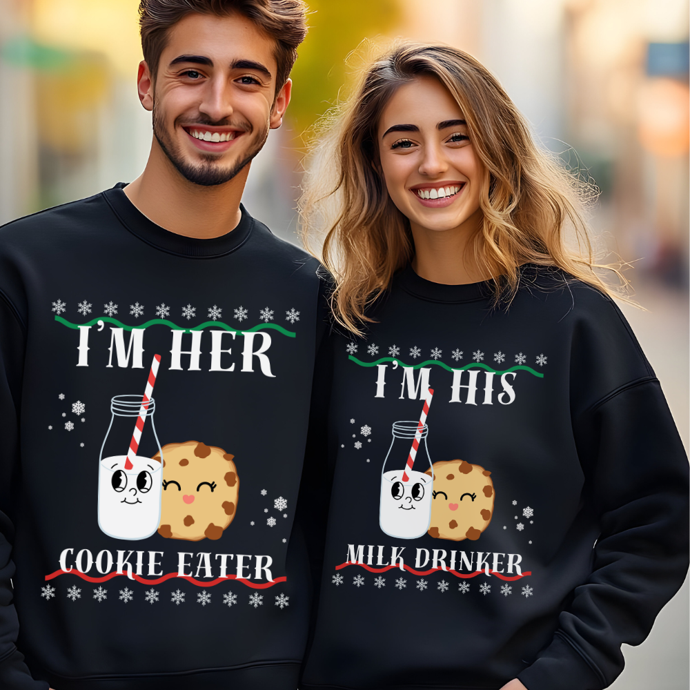 Matching couple holiday sweaters with 'I'm Her Cookie Eater' and 'I'm His Milk Drinker' designs, perfect for Christmas