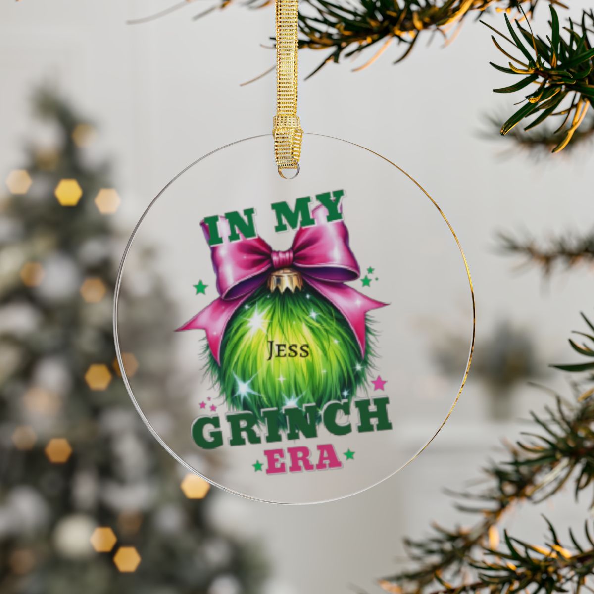 Personalized In My Grinch Era Pink Bow Acrylic Ornament