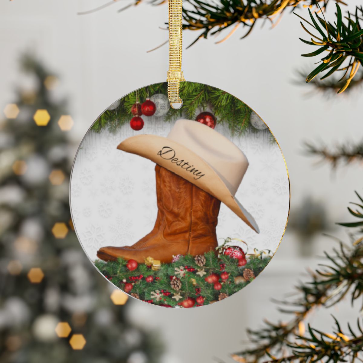 Personalized- Holiday Cowgirl Acrylic Ornament