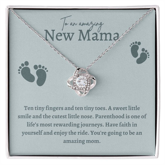 Amazing New Mama Love Knot Necklace- Blue Font