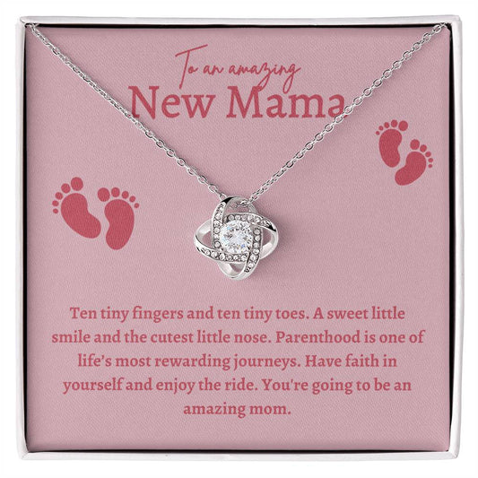 Amazing New Mama Love Knot Necklace- Pink Font