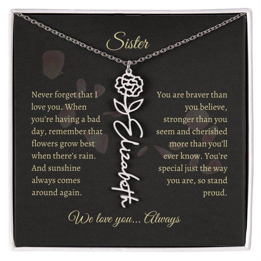 Personalized- Sister Birth Flower Name Necklace