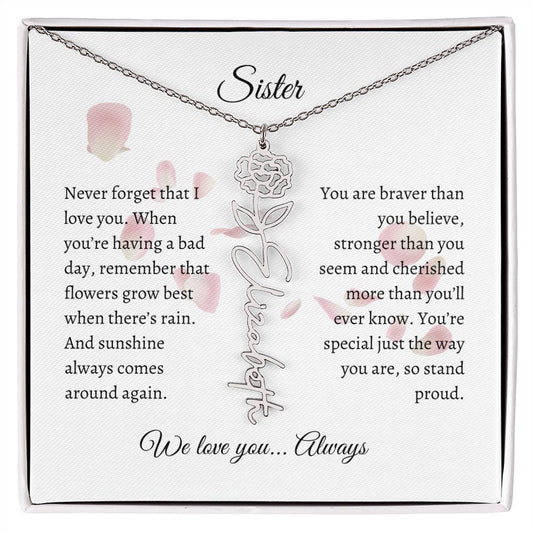 Personalized- Sister Birth Flower Name Necklace