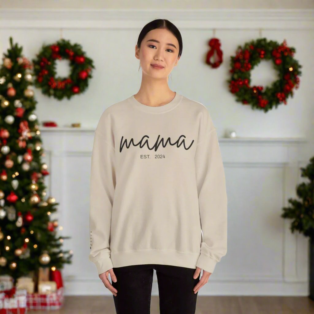 Front view of a Personalized Mama Established Sweatshirt in sand color, showcasing “Mama EST. 2024