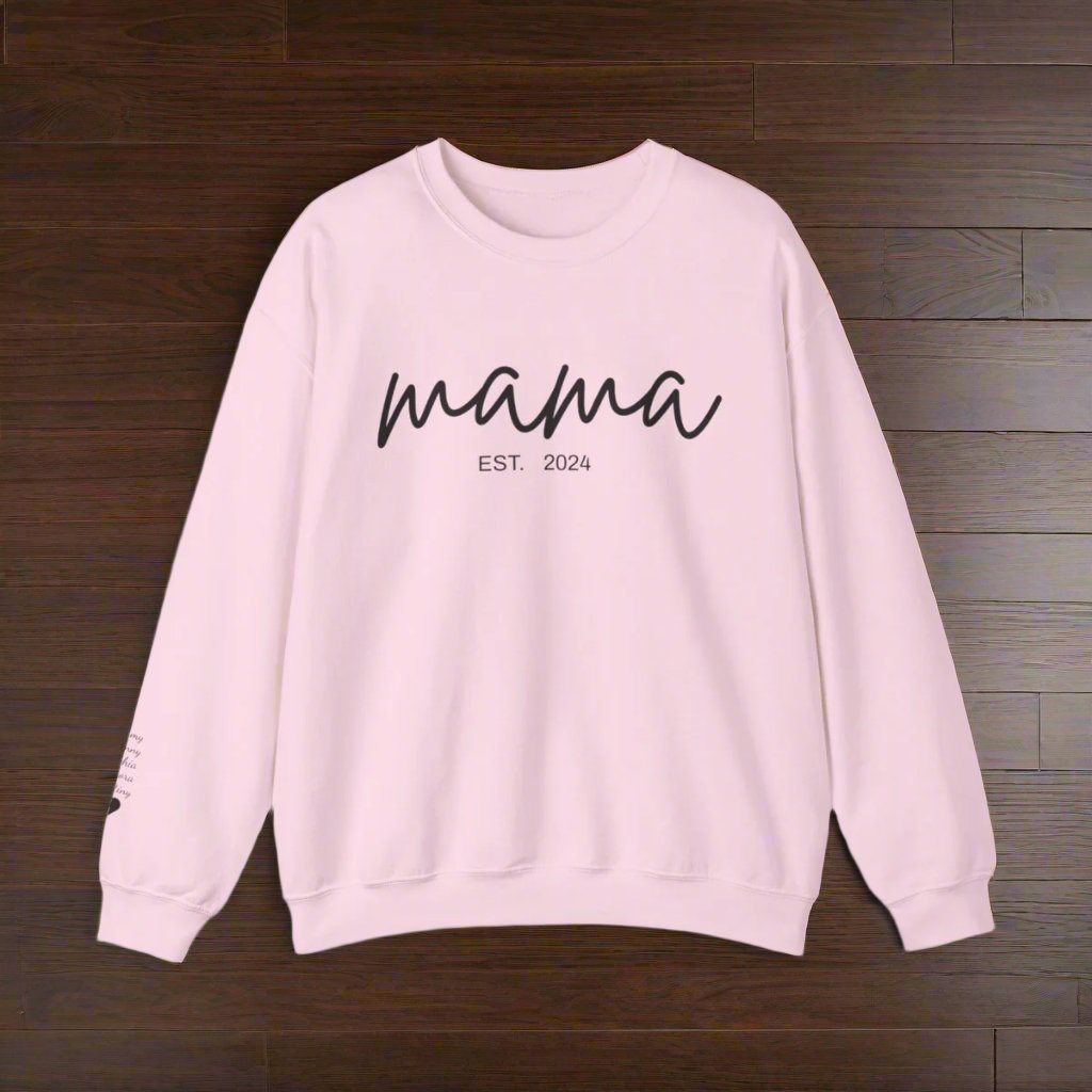 Front view of a Personalized Mama Established Sweatshirt in light pink color, showcasing “Mama EST. 2024