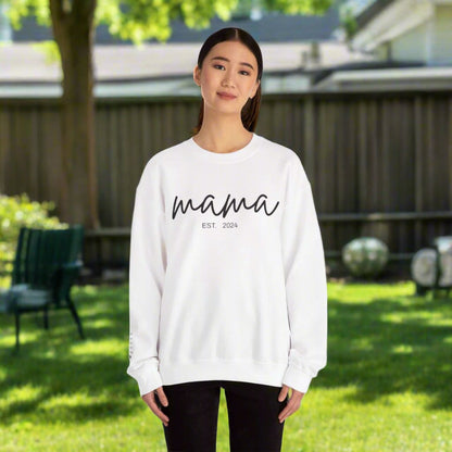 Front view of a Personalized Mama Established Sweatshirt in white color, showcasing “Mama EST. 2024